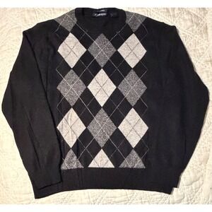 Davis & Squire Mens 100% Cashmere Argyle Crewneck Sweater Black Grey XL